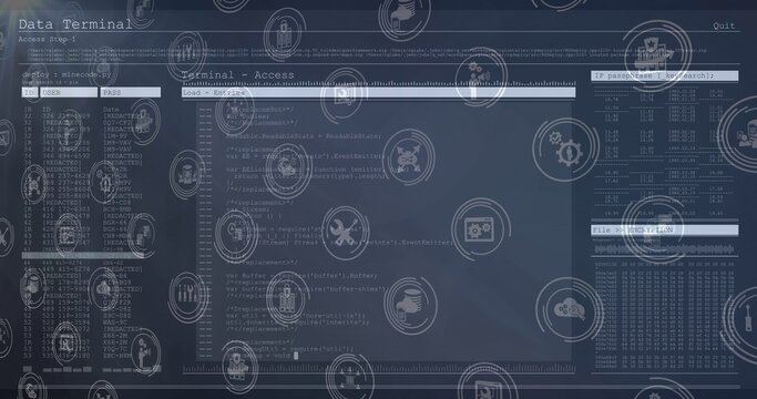 Displaying console window showing code on monitor, with HUD icons, User or Pass table, logs right