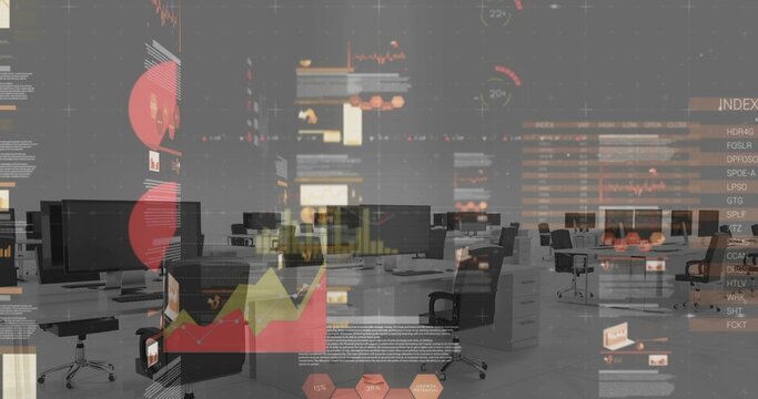 Showing open-plan office displaying floating financial charts over desks, with widescreen monitors