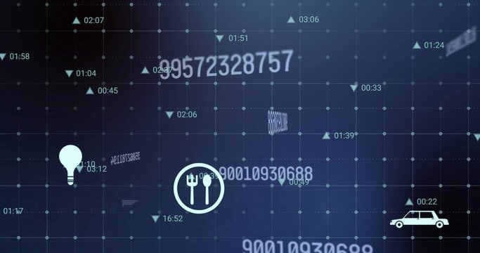 Highlighting circular utensils icon on blue data grid showing times, numbers, barcode, car