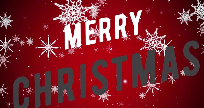 Displaying bold MERRY CHRISTMAS text on digital card with red gradient, snowflakes, starbursts