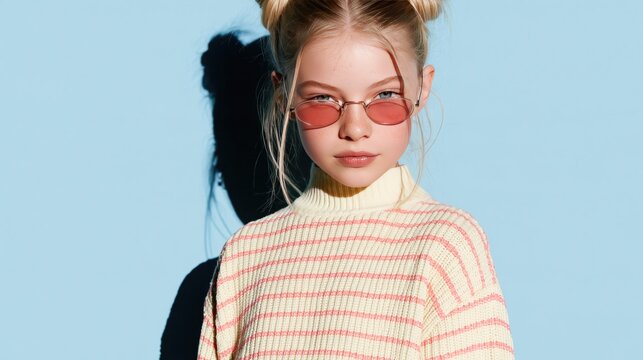 Growth mindset portrait of stylish child with pink sunglasses and striped sweater against blue background