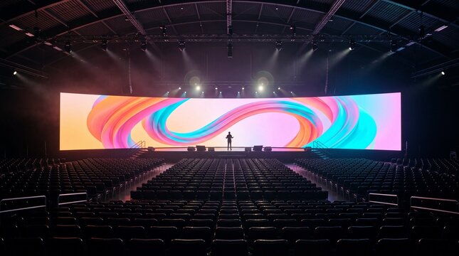 Silhouette of a speaker giving a keynote presentation on stage in front of a giant curved screen in an empty auditorium