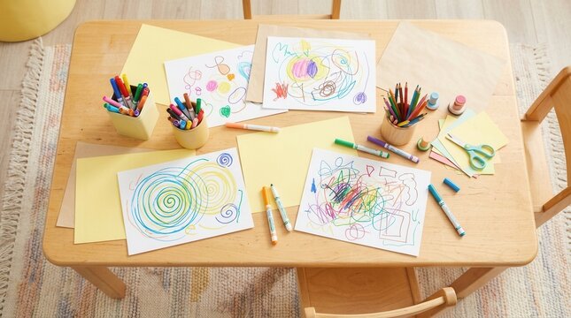 Kids' Art Table: A wooden table covered with colorful children's drawings, markers, crayons, and scissors, showcasing a creative and playful atmosphere for artistic expression.