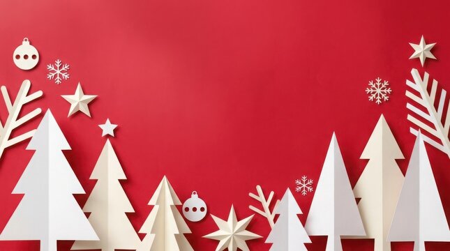 Paper Christmas trees and ornaments on vibrant red background with copy space