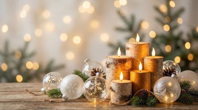 Burning pillar candles with glass baubles and fir branches on a wooden table during festive bokeh lights