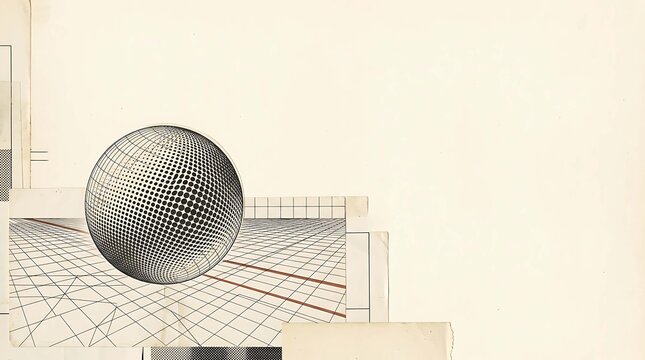 Abstract collage featuring a halftone sphere resting on a geometric grid surface with red lines on a light beige paper background