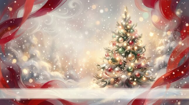 Decorated Christmas tree with twinkling lights in snowy winter wonderland with red ribbons
