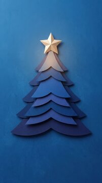 Layered paper Christmas tree with golden star on textured blue background