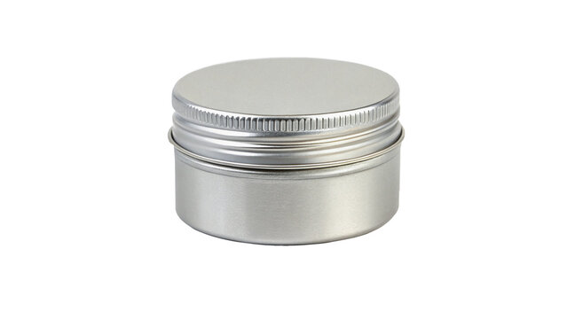 Small round silver aluminum tin container cosmetic jar isolated on transparent background.