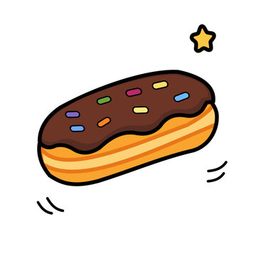 Cute chocolate eclair or long donut vector illustration with colorful sprinkles, ideal for bakery, sweet pastry, and dessert shop concepts