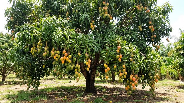 Large healthy mango tree loaded with delicious ripe tropical fruits ready for harvest