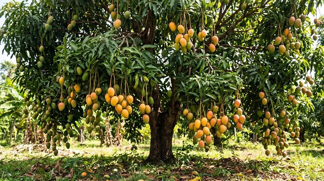 Fresh ripe mango tree loaded with sweet fruits in orchard plantation