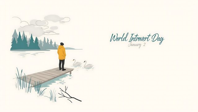 World Introvert Day beautiful nature illustration featuring lone person overlooking calm lake surrounded by pine trees promoting mindfulness and self reflection