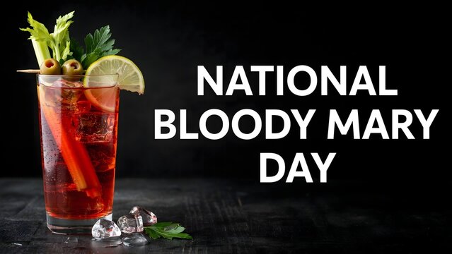 National Bloody Mary Day premium beverage poster featuring tall glass of spicy tomato cocktail with celery citrus garnish and elegant typography