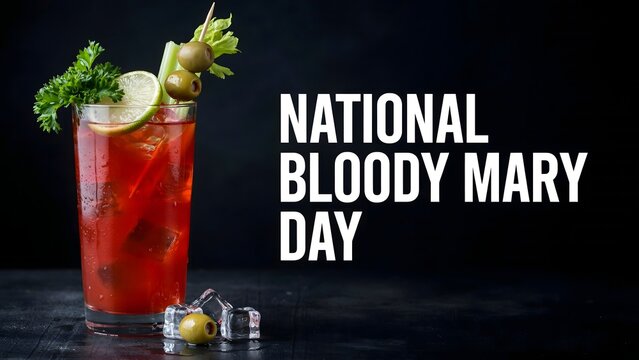National Bloody Mary Day January 1 realistic food photography featuring classic tomato cocktail with fresh vegetable garnishes and dark background
