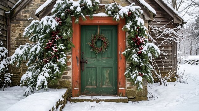 Rustic green door adorned with winter wreath and snowy evergreen branches during a snowfall