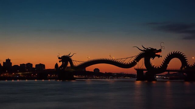 Silhouette of a dragon-shaped bridge over a wide river against a twilight sky fading from warm orange to deep blue, city skyline on the horizon at dusk