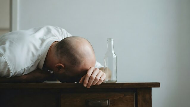 National Hangover Day realistic photography featuring exhausted man resting head on wooden table beside empty bottle representing fatigue and recovery