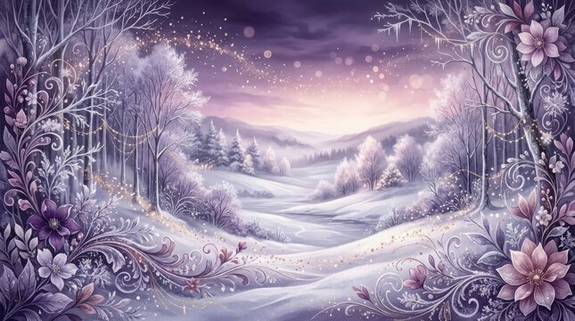 Enchanting Winter Forest with Sparkling Snow and Floral Accents during Twilight