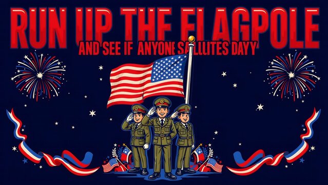 Run Up the Flagpole and See If Anyone Salutes Day colorful patriotic artwork featuring American flags fireworks soldiers and festive decorations