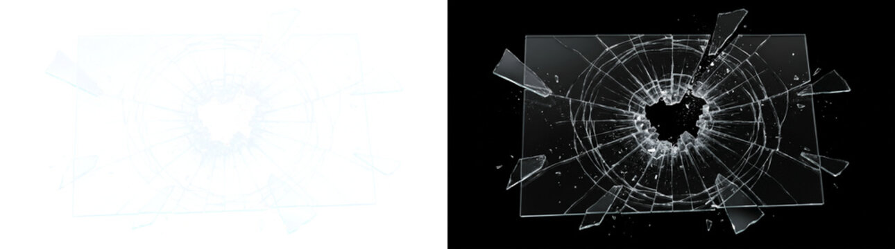Shattered Rectangular Glass Pane with Central Impact Hole and Radiating Cracks, Isolated on Black and White Backgrounds