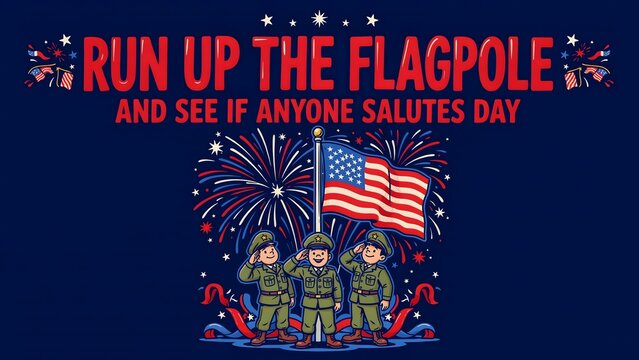 Run Up the Flagpole Day patriotic celebration poster featuring American flags fireworks military characters and colorful decorations honoring creative ideas