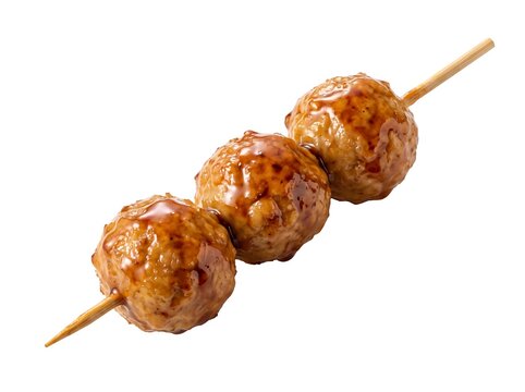 Japanese yakitori tsukune chicken meatballs skewer isolated on white background