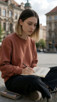 Eine 18-j&auml;hrige junge Frau mit kinnlangem dunkelblondem Haar sitzt auf einer Steinmauer und zeichnet die Architektur eines Stadtplatzes.