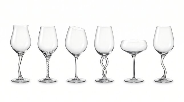 Set of six different elegant wine glasses isolated on white background