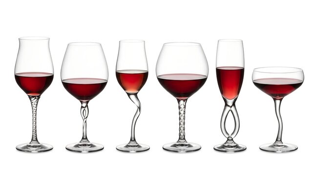 Set of six different elegant wine glasses with red wine isolated on white background