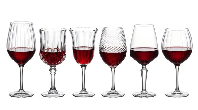 Set of six different wine glasses with red wine isolated on white background