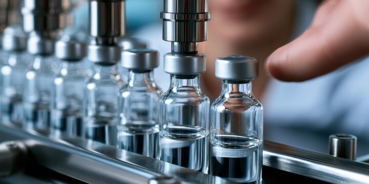 Automated filling machine dosing vials on laboratory production line
