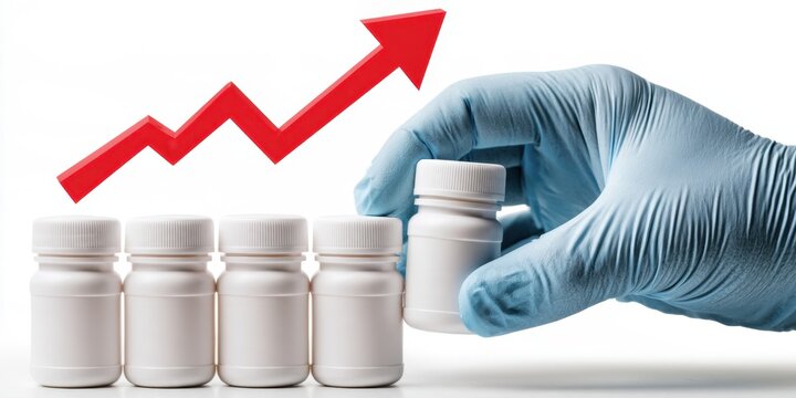 Blue gloved hand holding a white medicine bottle beside a row of containers and a rising red arrow showing increasing drug prices