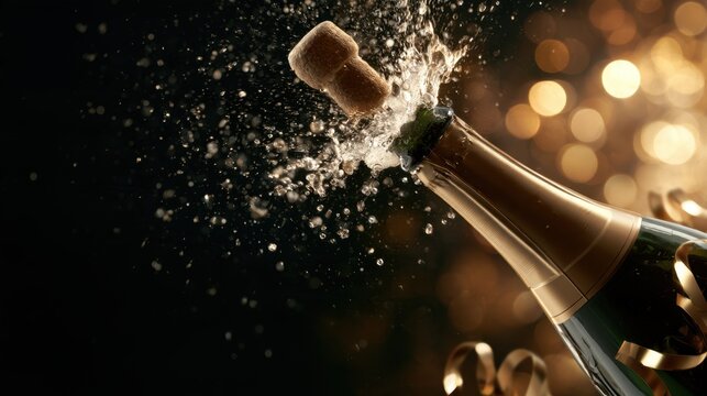Champagne cork popping from a gold-foiled bottle with sparkling spray and warm golden bokeh against a dark background