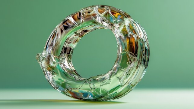Transparent crystal ring sculpture on green background