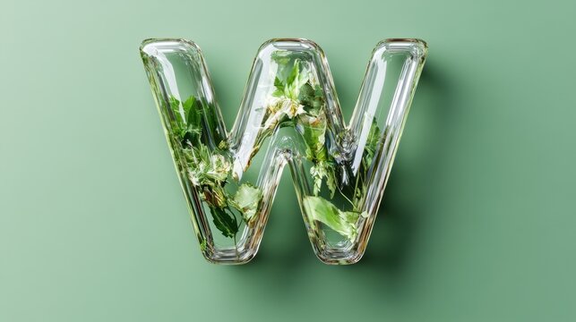 Glass letter w with lush greenery inside on green background