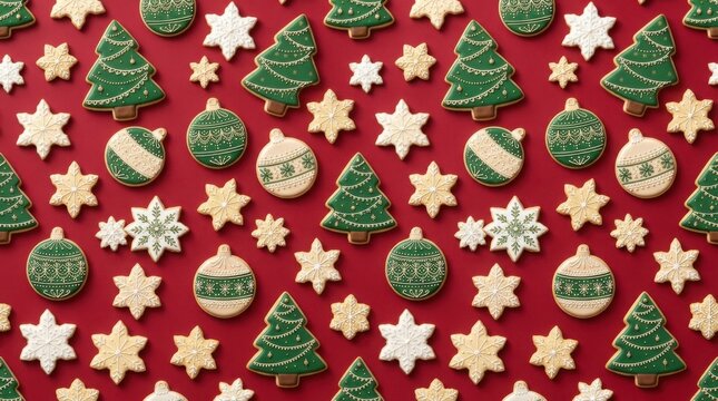 Festive Christmas cookies arranged in a repeating pattern on a red background