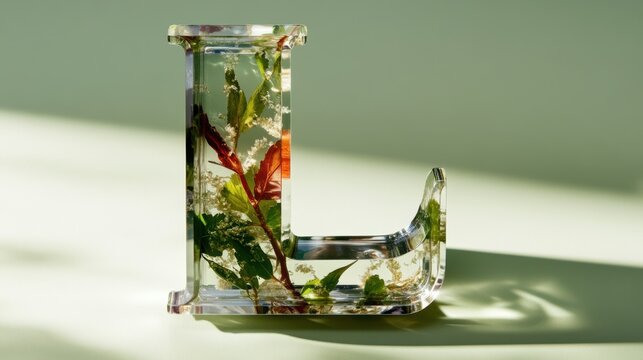 Botanical preserved resin letter l with green and red leaves on light background