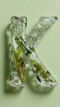 Ice sculpture letter k with greenery on light green background