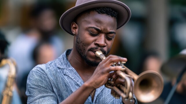 Man playing trumpet concentrating during outdoor street performance. Jazz Appreciation Month