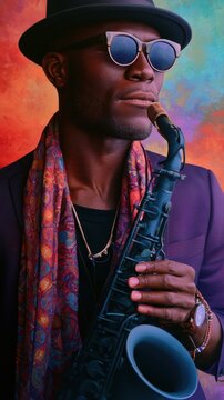Young man holding saxophone in colorful studio portrait. Jazz Appreciation Month