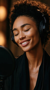 Young woman smiling while singing in recording studio booth. Jazz Appreciation Month