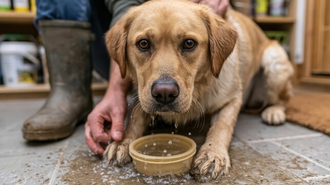 Golden retriever drinking water from bowl on tiled floor
