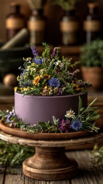 Decorated cake topped with wildflowers on wooden stand