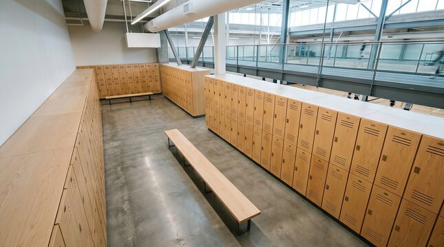 Modern wooden lockers and bench inside spacious athletic facility interior with concrete floor
