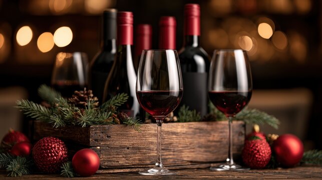 Red wine glasses paired with bottles on wooden holiday display