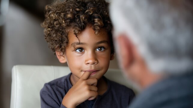Curly haired boy listening while sitting across adult figure
