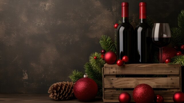 Red wine bottles standing with ornaments beside wooden crate