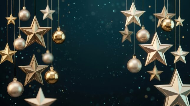 Golden stars and baubles hanging against a dark blue bokeh background during celebration