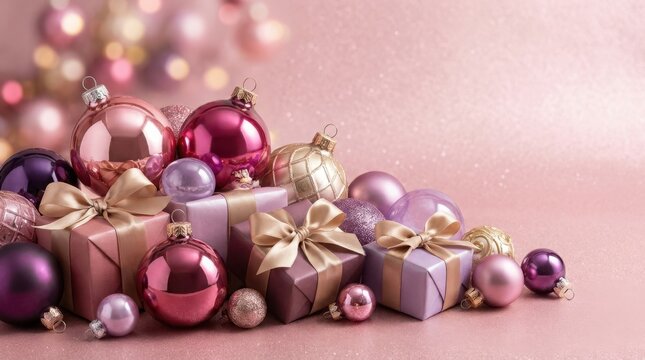 Festive Christmas ornaments and wrapped gifts with soft bokeh lights during holiday celebration
